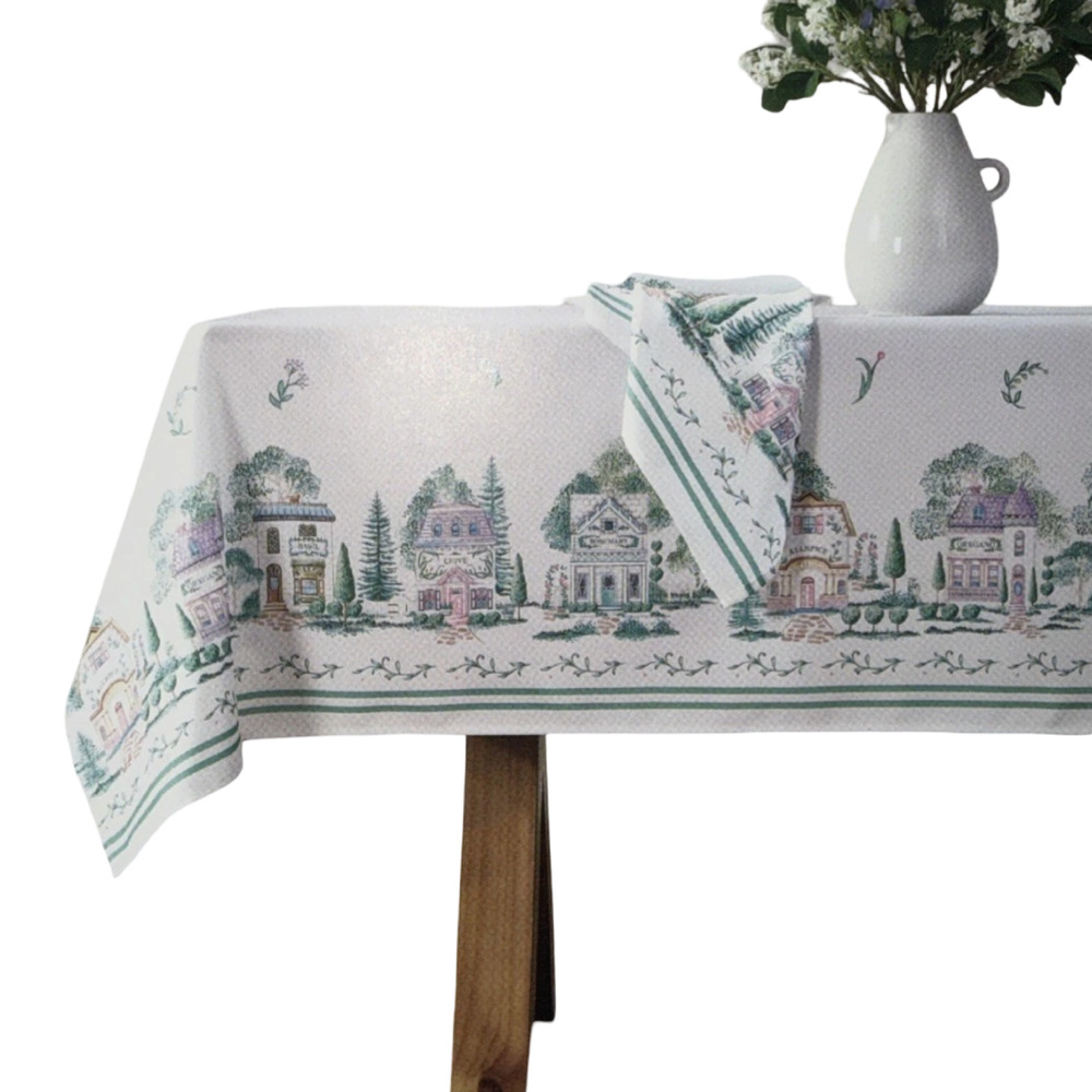 Lenox Spice Village White Green Pastel Tablecloth 70” Round Cottagecore NEW Tag
